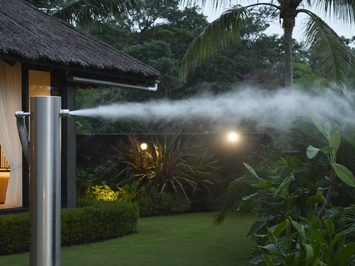 Mosquito misting treatment over a tropical Bali villa garden