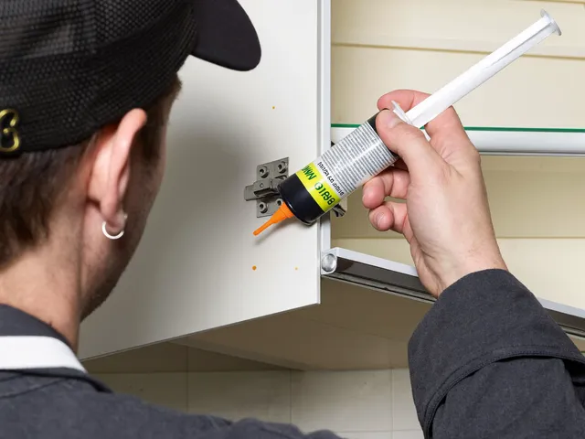 Insect gel bait applied along a kitchen cabinet hinge